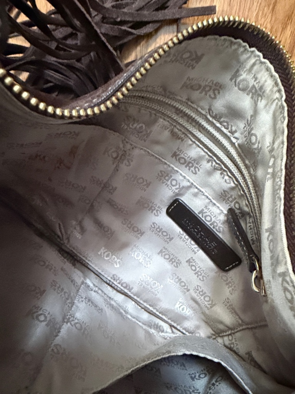 Michael Kors Dark Brown Suede Fringe Shoulder Bag with Logo Charm - Picture 6 of 7